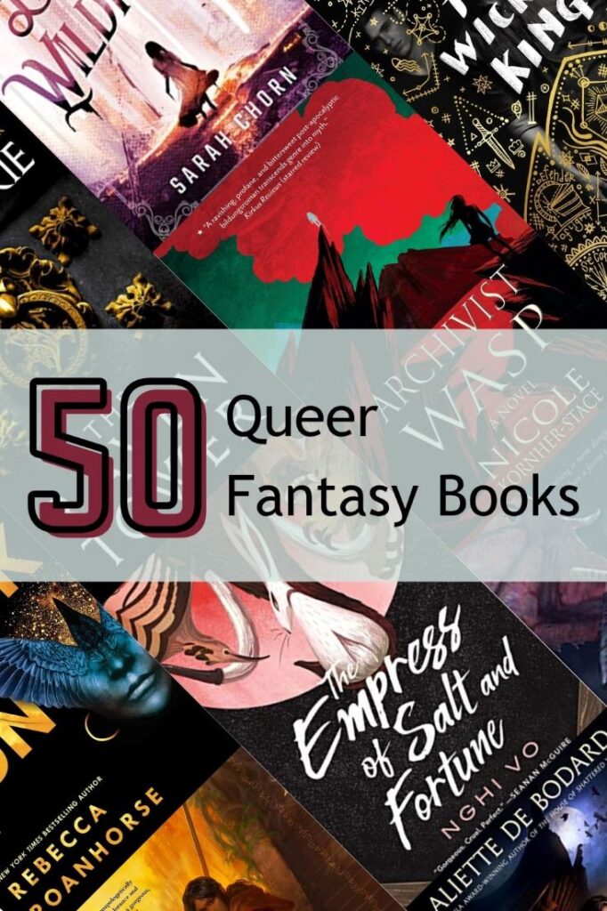 Image with the title 50 fantasy books with queer main characters. The background displays multiple book covers.