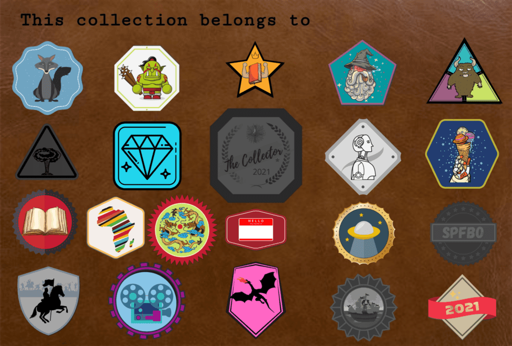 Image of 21 different badges. All of the badges are in color except 4, which are in greyscale.