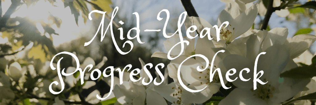 The words Mid-Year Progress Check are in white text on a darkened background of tree branches with white flowers.