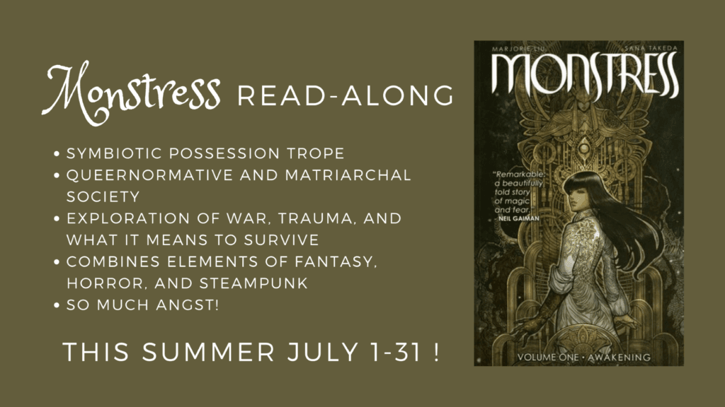 Monstess read-along announcement image. On the right is an image of the book cover and on the left is a bulleted list describing the graphic novel.