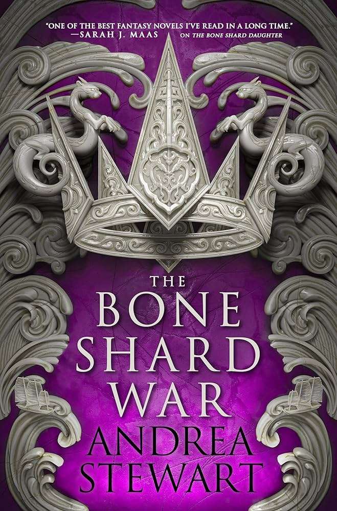 The Bone Shard War by Andrea Stewart book cover. A white, marble crown hovers above the title and is framed by marble carvings on a pink background.