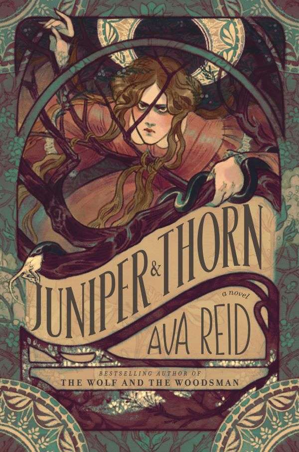 Cover of Juniper & Thorn by Ava Reid. A determined looking girl peers through a tangle of roots or vines.