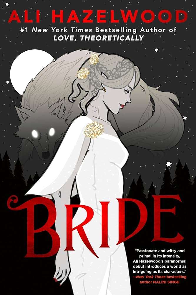 Cover of Bride. A woman in a white dress stands in front of a large, dark wolf.