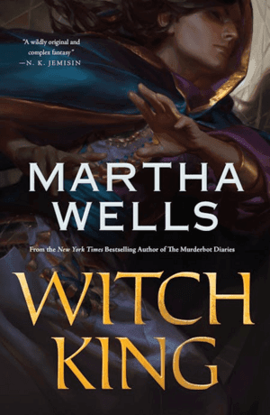 Cover of Witch King by Martha Wells. A dark-eyed main in a decorative cloak looks determined as he runs across the image.