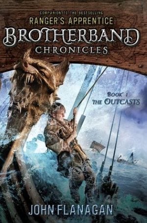 Cover of The Outcasts by John Flanagan featuring a wolf ship raging through the sea towards the viewer.