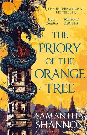 The Priory of the Orange Tree book cover features a fierve blue dragon curled around a tower with a yellow background.