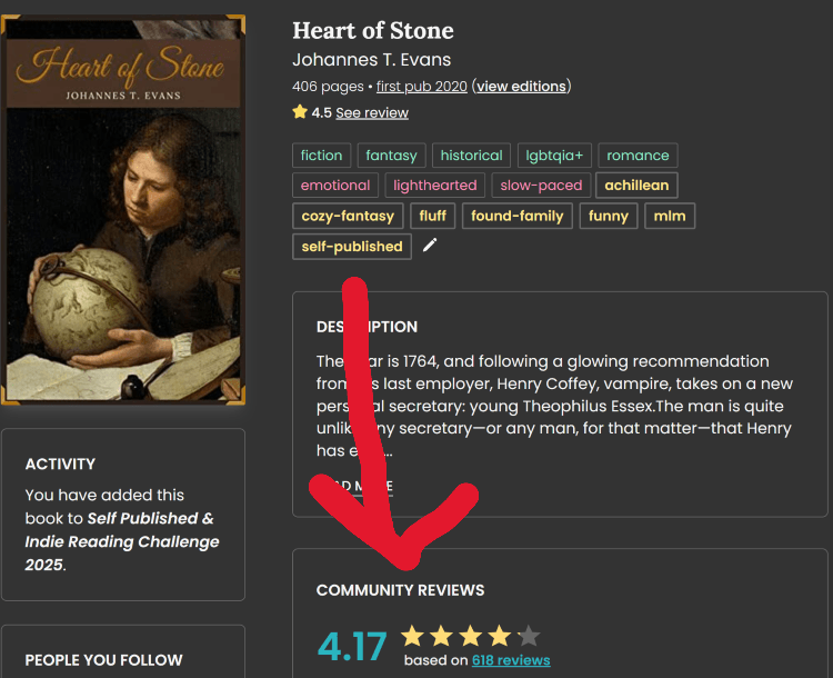 Screenshot of The StoryGraph Heart of Stone book page displaying 618 community reviews