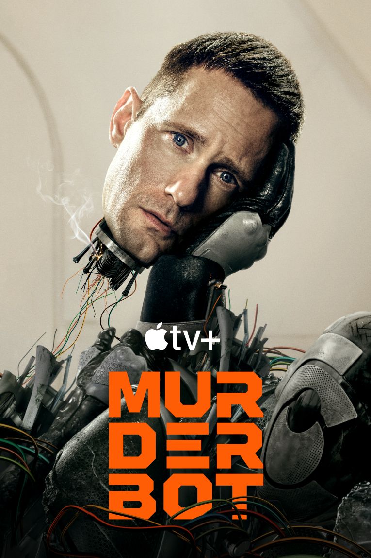 Cover image for Muderbot Season 1 Apple TV+ featuring a robotic hand coming out of a pile of broken equipment and loose wires to hold a severed head with wires sticking out of its neck.