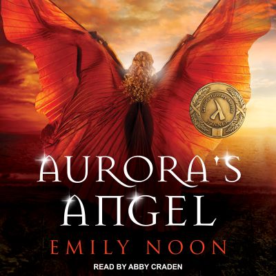 Cover of Aurora's Angel by Emily Noon featuring a woman with a flowy orange gown throwing out her skirts to resemble wings.
