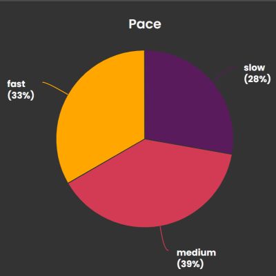 Pie graph from The StoryGraph showing pacing stats at 33% fast, 28% slow, and 39% medium paced books read.